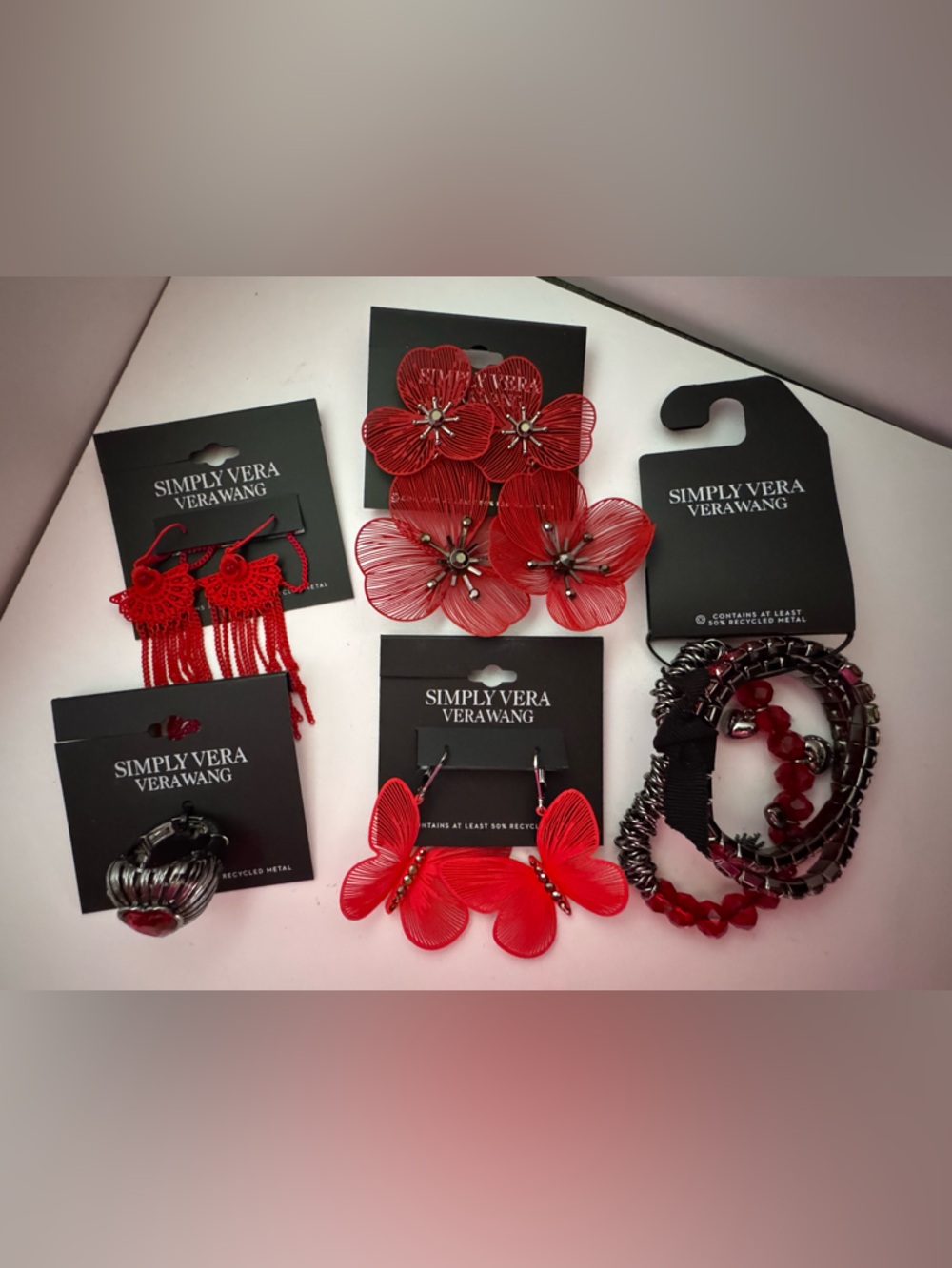 Simply Vera Vera Wang Red/Crystal lot of 4 earrings, 1 ring and 3 braclets